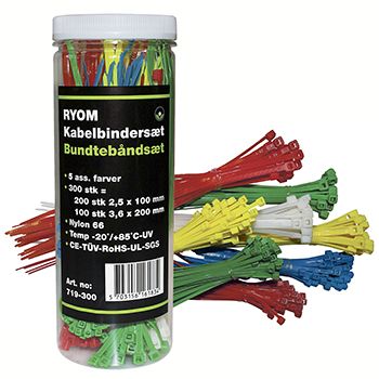Kabelbindersæt ass. farver 300 stk